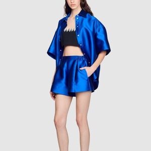 SANDRO Manchester Elasticated-waist Silk Satin Shorts In Electric Blue Size XL